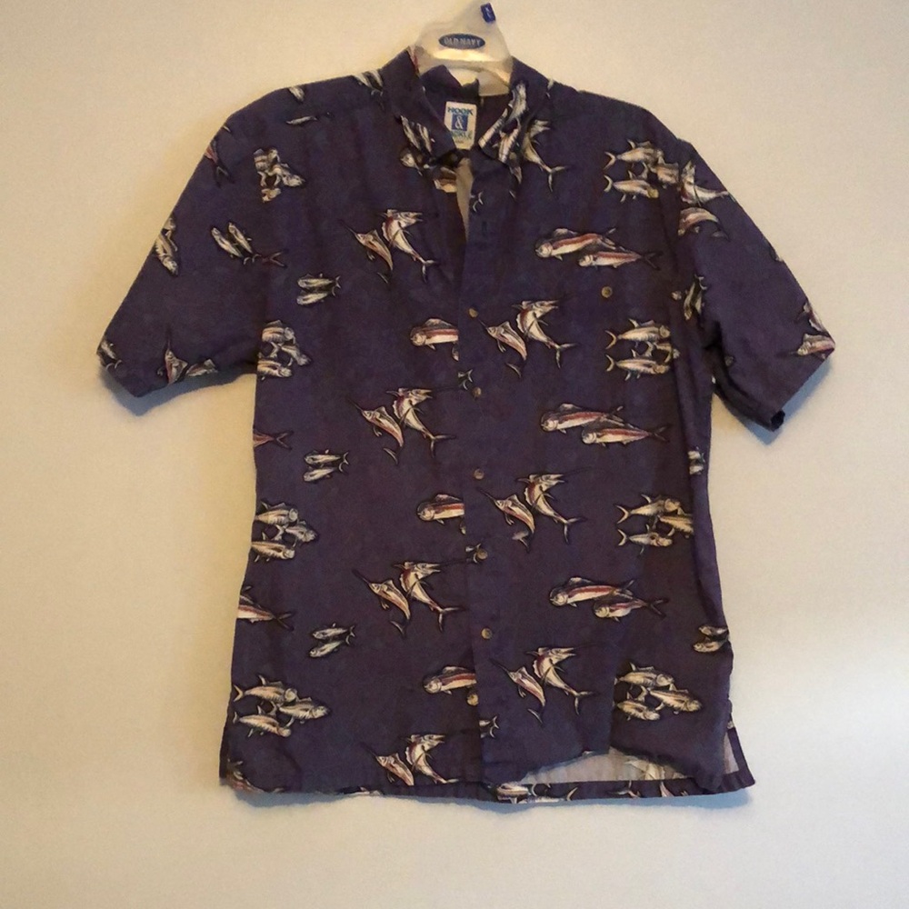 HOOK & TACKLE Button Down Men’s Fish Themed Shirt, size Large, purple/blue